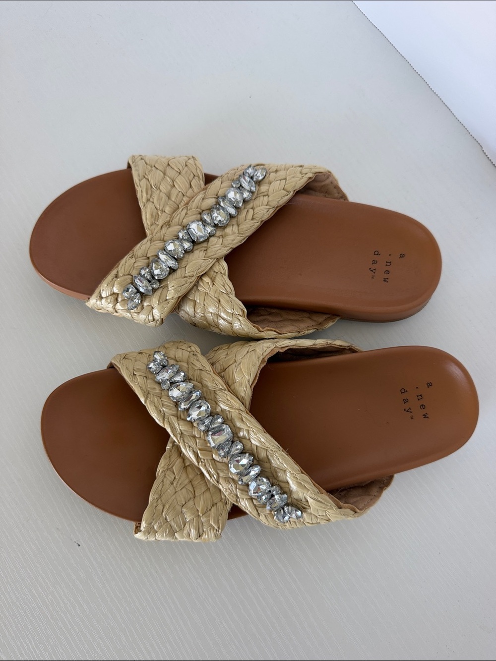 a new day Braided Tan Slide Sandals with Silver Crystal Trim